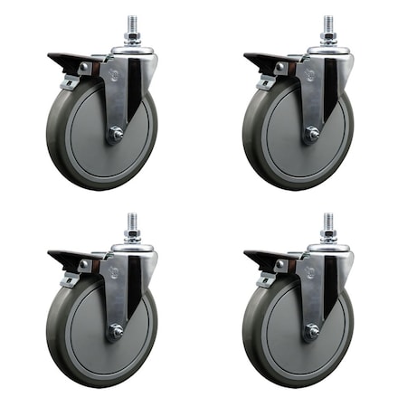 Service Caster 6 Inch Gray Polyurethane 12 Inch Threaded Stem Caster Set with Brake SCC-TS20S614-PPUB-PLB-121315-4